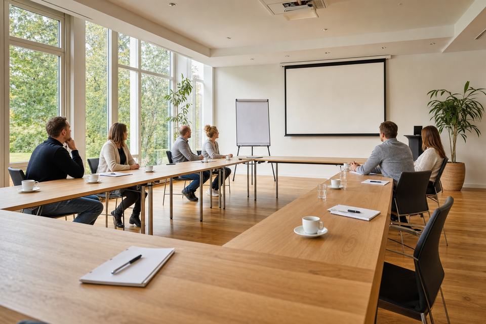Seminarraum der BSB-Akademie: Teilnehmende an U-förmig gestellten Tischen, davor Flipchart und Leinwand